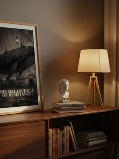The Melancholy of Resistance watercolour print on bookshelf – László Krasznahorkai fan gift