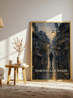 Norwegian Wood watercolour print in frame leaning in hallway – literary fiction wall art