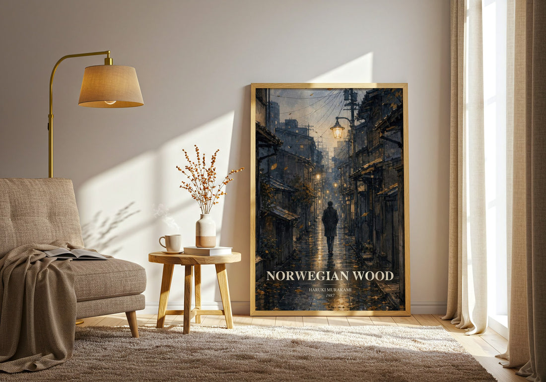 Norwegian Wood watercolour print in frame leaning in hallway – literary fiction wall art