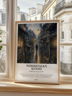 Norwegian Wood bookish print in frame leaning in hallway – literary fiction wall art