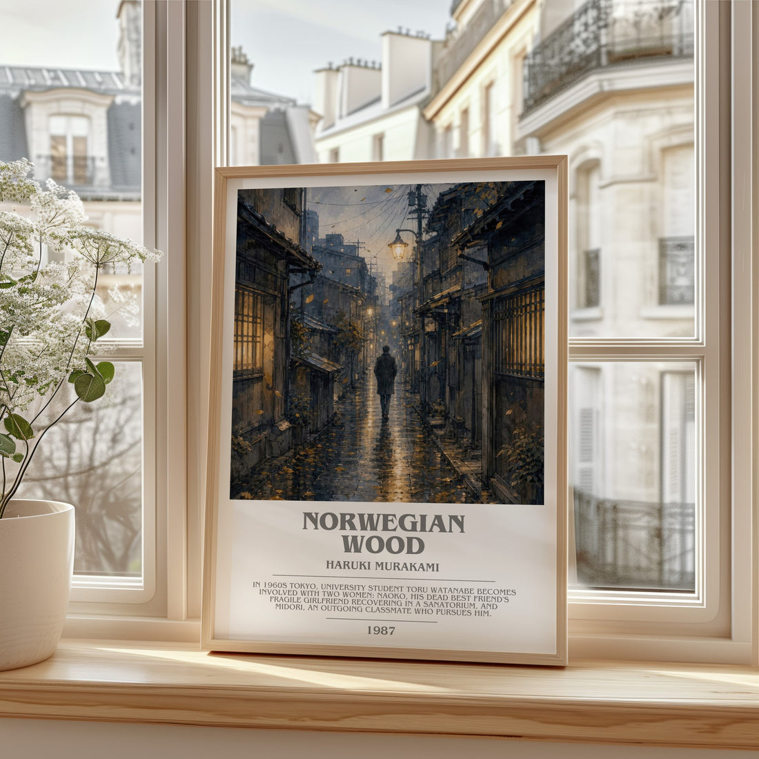 Norwegian Wood bookish print in frame leaning in hallway – literary fiction wall art