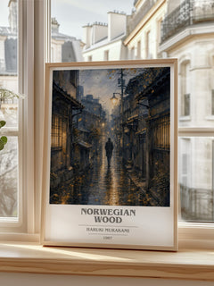 Norwegian Wood book cover print in frame leaning in hallway – literary fiction wall art