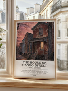 The House on Mango Street bookish print in frame leaning in hallway – coming of age wall art