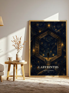 Labyrinths watercolour print in frame leaning in hallway – literary fiction wall art