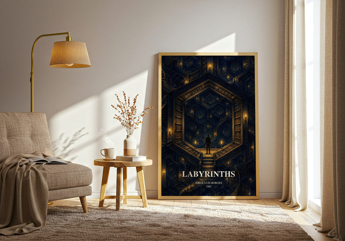 Labyrinths watercolour print in frame leaning in hallway – literary fiction wall art