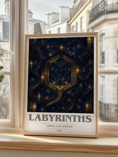 Labyrinths book cover print in frame leaning in hallway – literary fiction wall art
