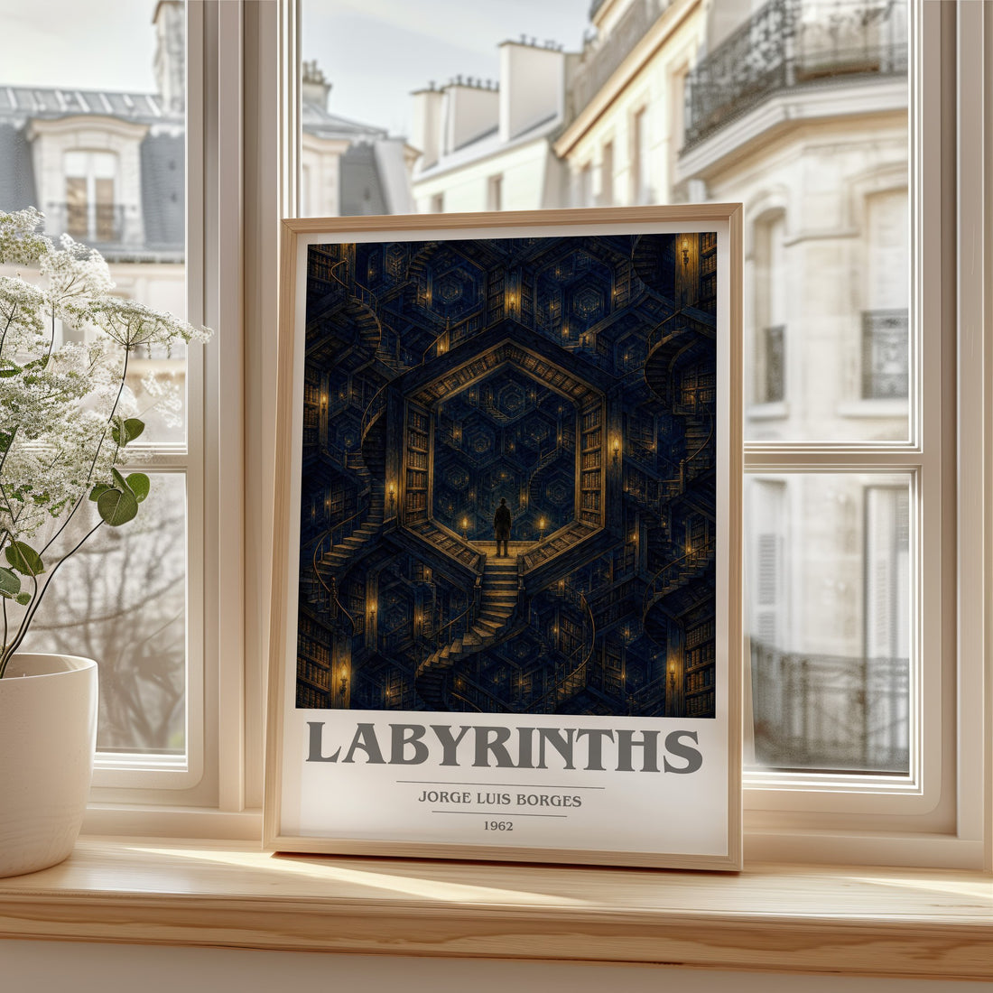Labyrinths book cover print in frame leaning in hallway – literary fiction wall art