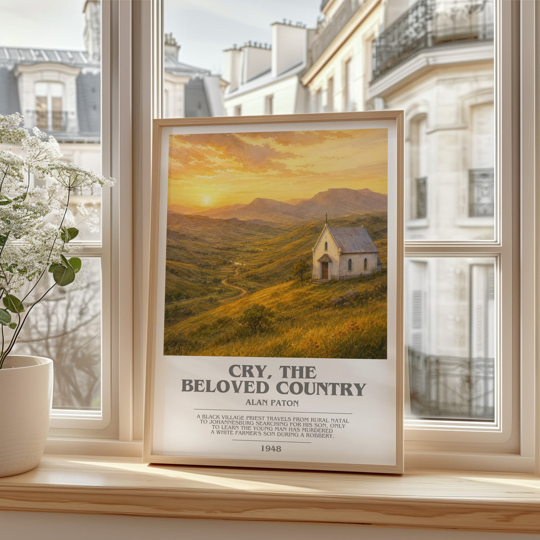 Cry, the Beloved Country bookish print in frame leaning in hallway – historical fiction wall art