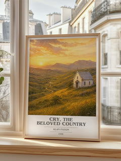 Cry, the Beloved Country book cover print in frame leaning in hallway – historical fiction wall art