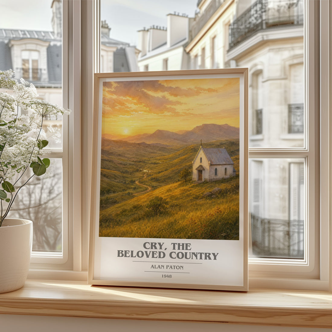 Cry, the Beloved Country book cover print in frame leaning in hallway – historical fiction wall art