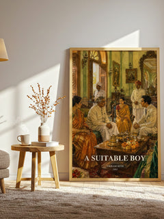 A Suitable Boy watercolour print in frame leaning in hallway – literary fiction wall art