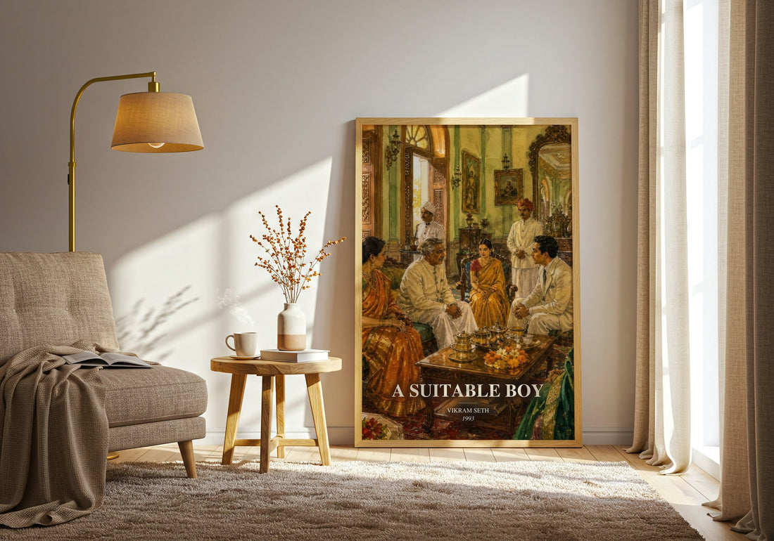 A Suitable Boy watercolour print in frame leaning in hallway – literary fiction wall art