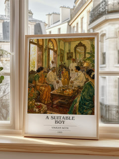 A Suitable Boy book cover print in frame leaning in hallway – literary fiction wall art
