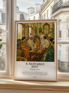 A Suitable Boy bookish print in frame leaning in hallway – literary fiction wall art