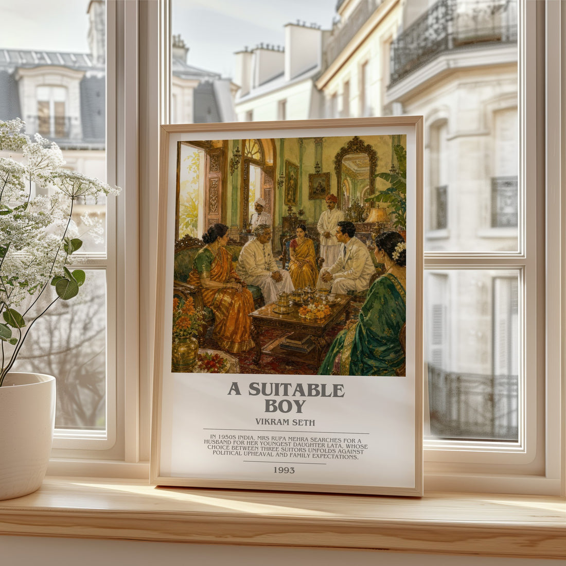 A Suitable Boy bookish print in frame leaning in hallway – literary fiction wall art