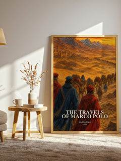 The Travels of Marco Polo watercolour print in frame leaning in hallway – non fiction wall art
