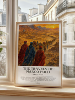 The Travels of Marco Polo bookish print in frame leaning in hallway – non fiction wall art