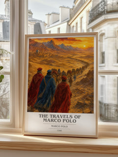 The Travels of Marco Polo book cover print in frame leaning in hallway – non fiction wall art