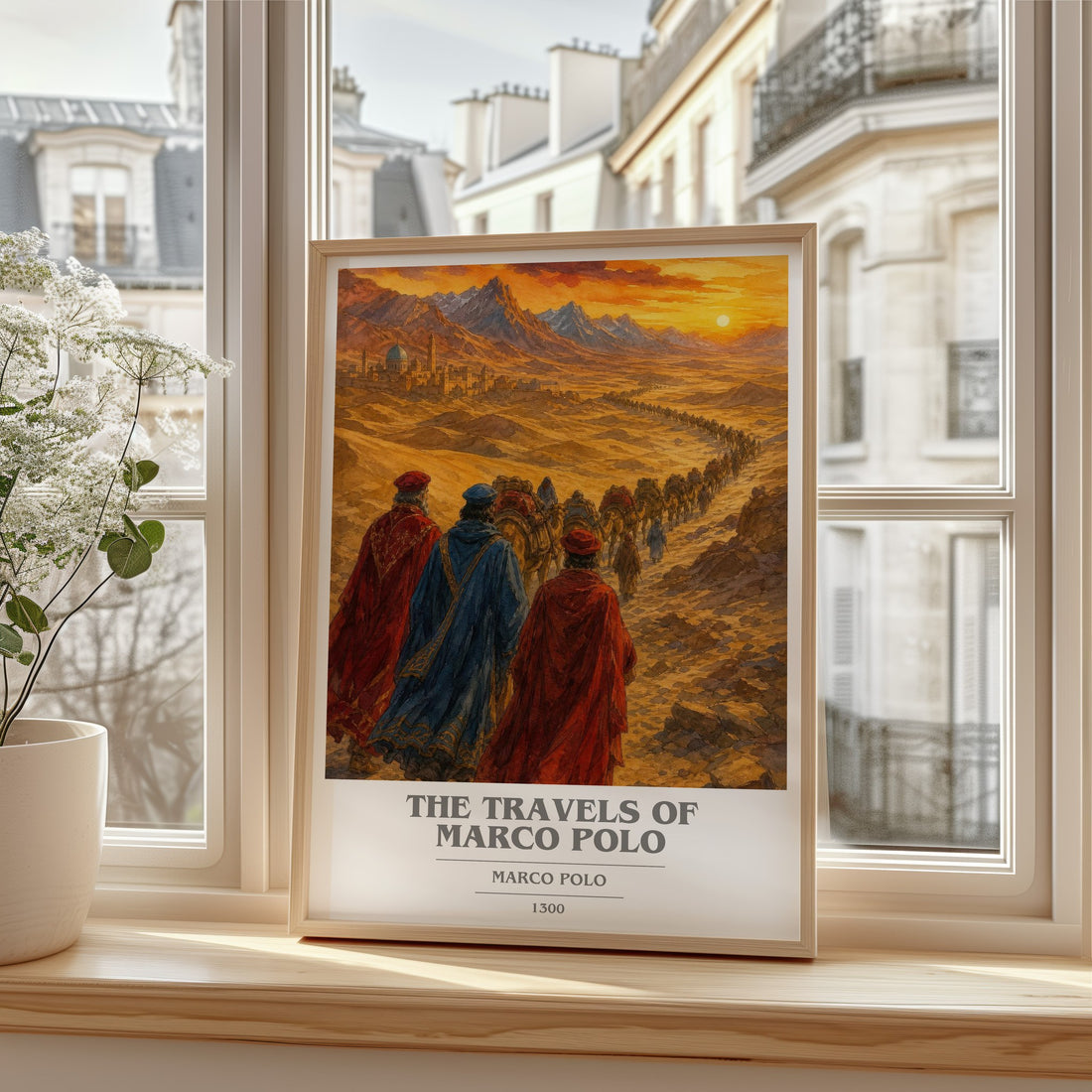 The Travels of Marco Polo book cover print in frame leaning in hallway – non fiction wall art