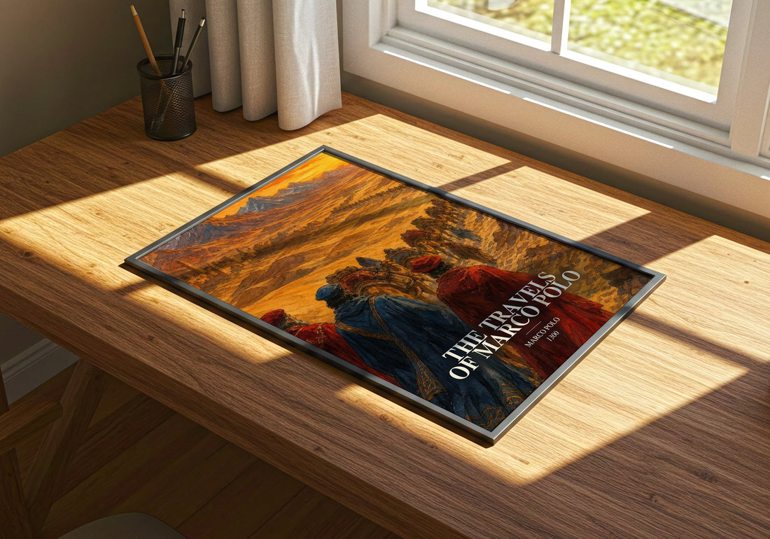 The Travels of Marco Polo watercolour book poster framed on wall – non fiction wall art