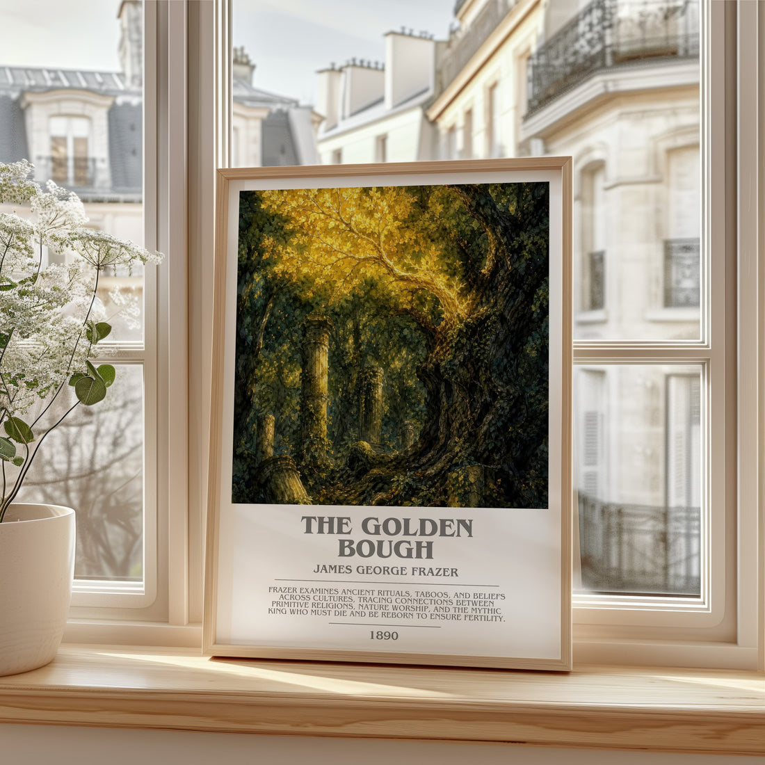 The Golden Bough bookish print in frame leaning in hallway – __new__:mythology wall art