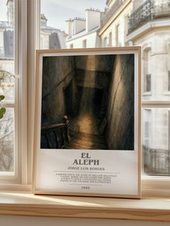 El Aleph bookish print in frame leaning in hallway – literary fiction wall art