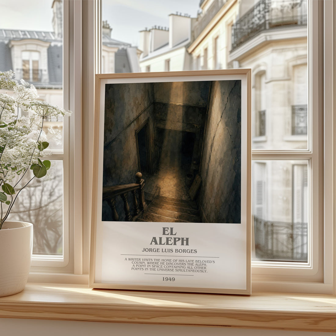 El Aleph bookish print in frame leaning in hallway – literary fiction wall art