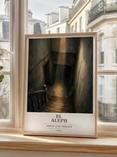 El Aleph book cover print in frame leaning in hallway – literary fiction wall art