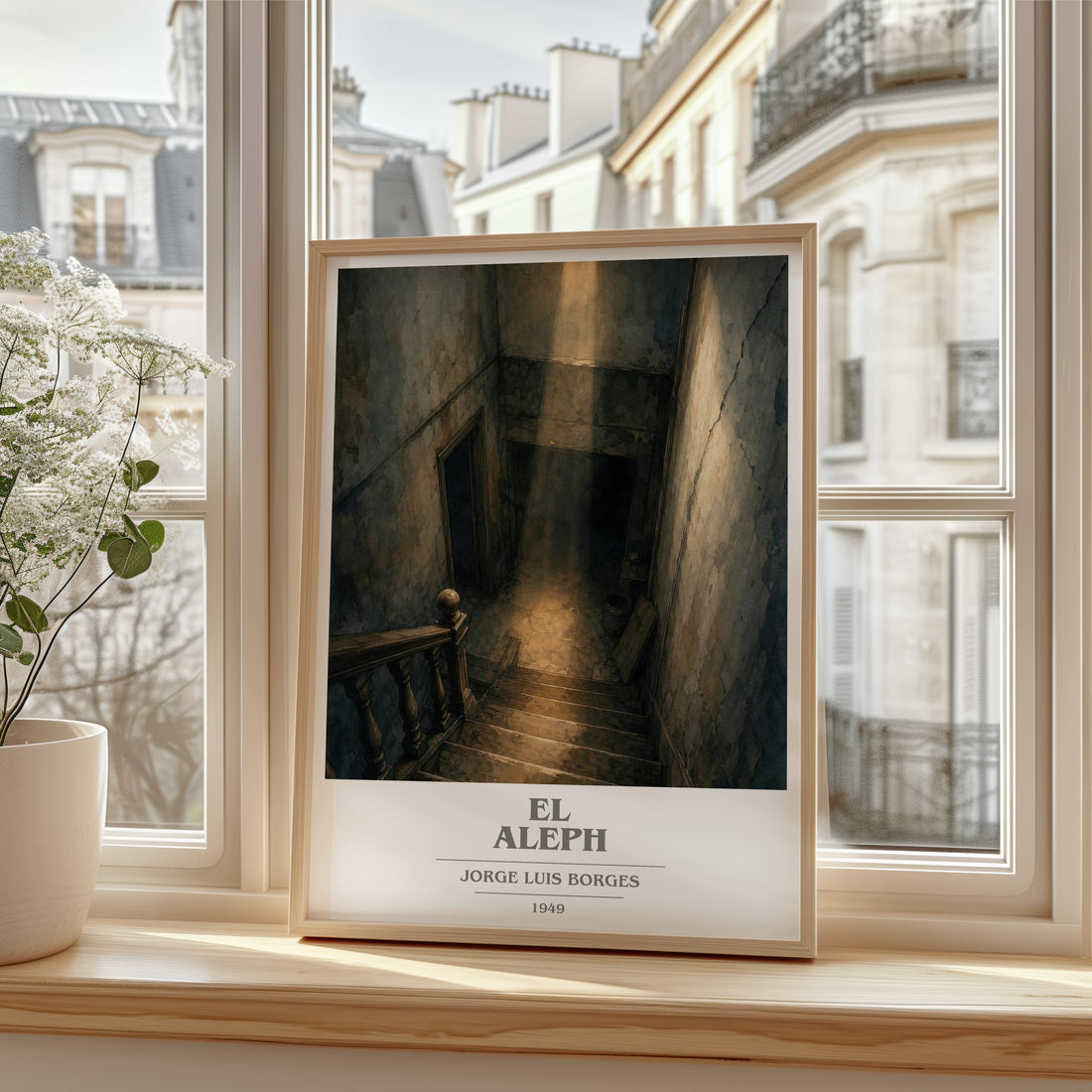 El Aleph book cover print in frame leaning in hallway – literary fiction wall art