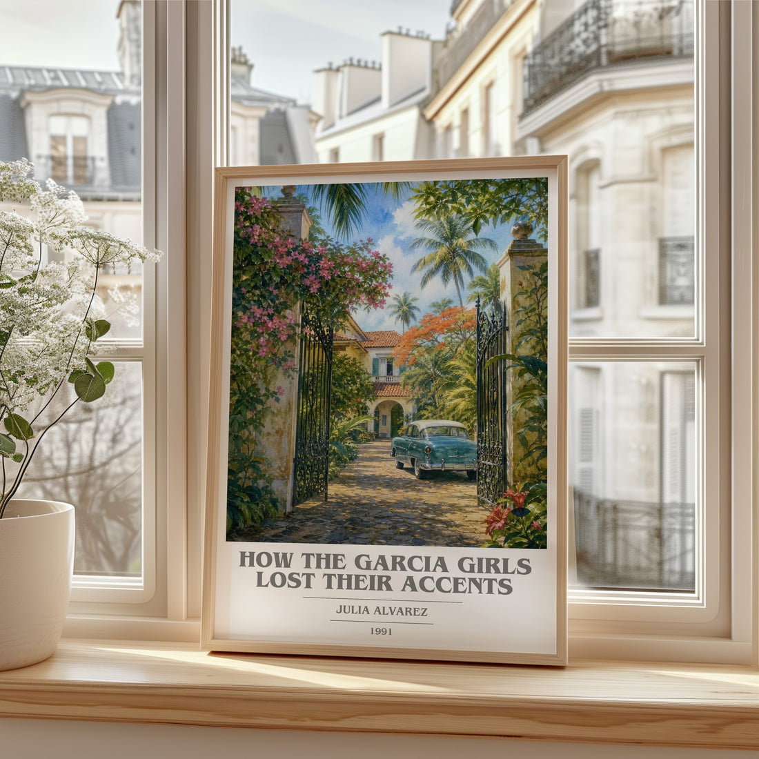 How the Garcia Girls Lost Their Accents book cover print in frame leaning in hallway – contemporary fiction wall art