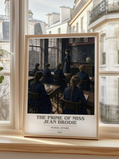 The Prime of Miss Jean Brodie book cover print in frame leaning in hallway – literary fiction wall art