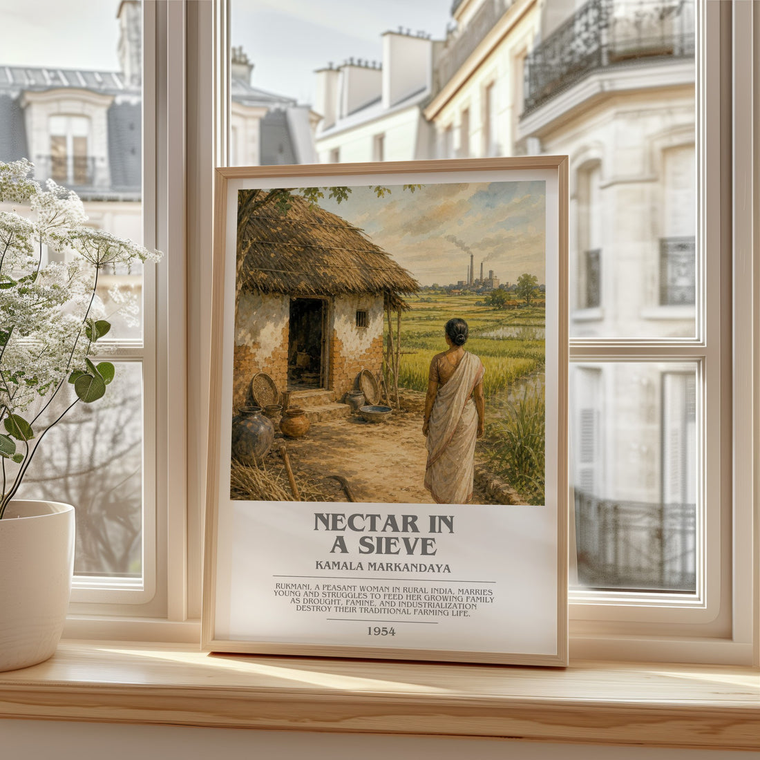 Nectar in a Sieve bookish print in frame leaning in hallway – literary fiction wall art