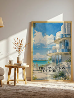 The Invention Of Morel watercolour print in frame leaning in hallway – literary fiction wall art