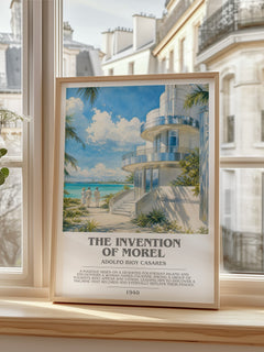 The Invention Of Morel bookish print in frame leaning in hallway – literary fiction wall art