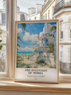 The Invention Of Morel book cover print in frame leaning in hallway – literary fiction wall art