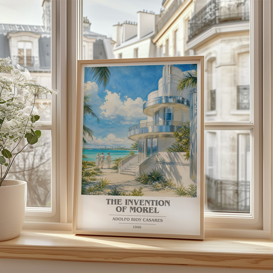 The Invention Of Morel book cover print in frame leaning in hallway – literary fiction wall art