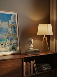 The Invention Of Morel watercolour print on bookshelf – Adolfo Bioy Casares fan gift