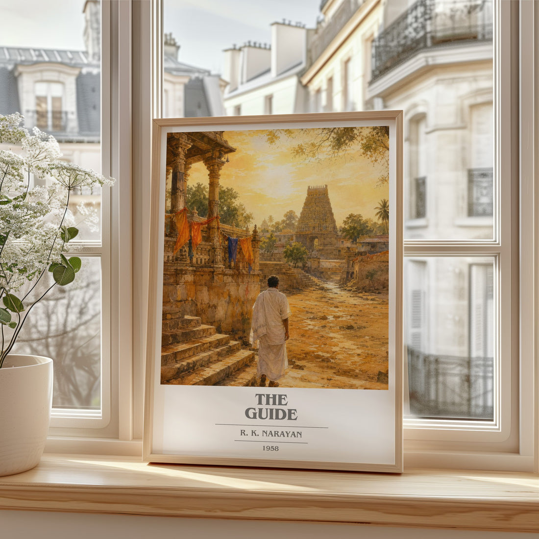 The Guide book cover print in frame leaning in hallway – literary fiction wall art