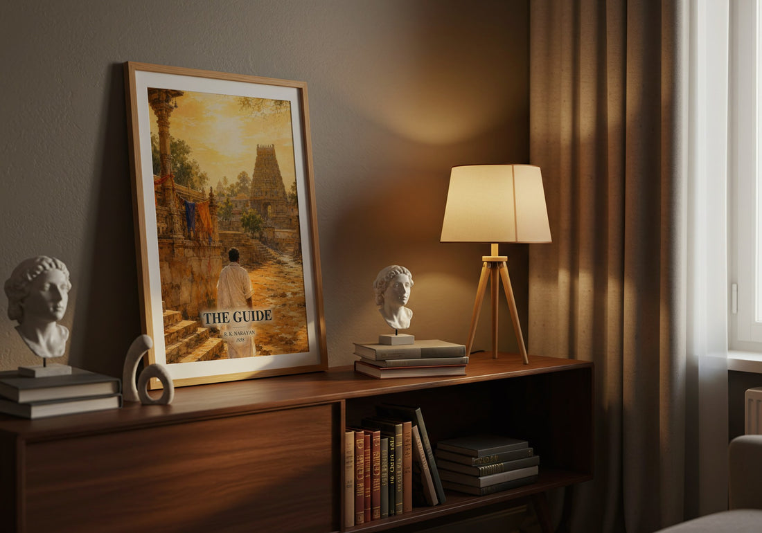 The Guide watercolour print on bookshelf – R. K. Narayan fan gift