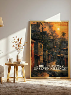 A Brief History of Seven Killings watercolour print in frame leaning in hallway – literary fiction wall art