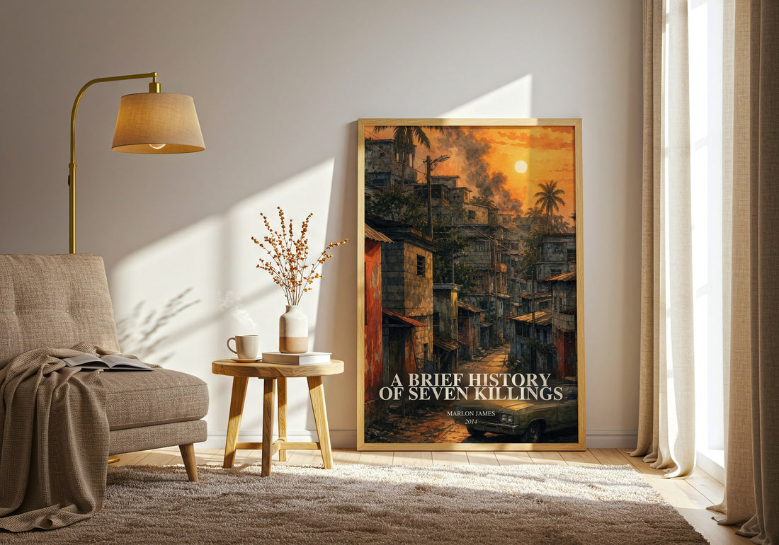 A Brief History of Seven Killings watercolour print in frame leaning in hallway – literary fiction wall art