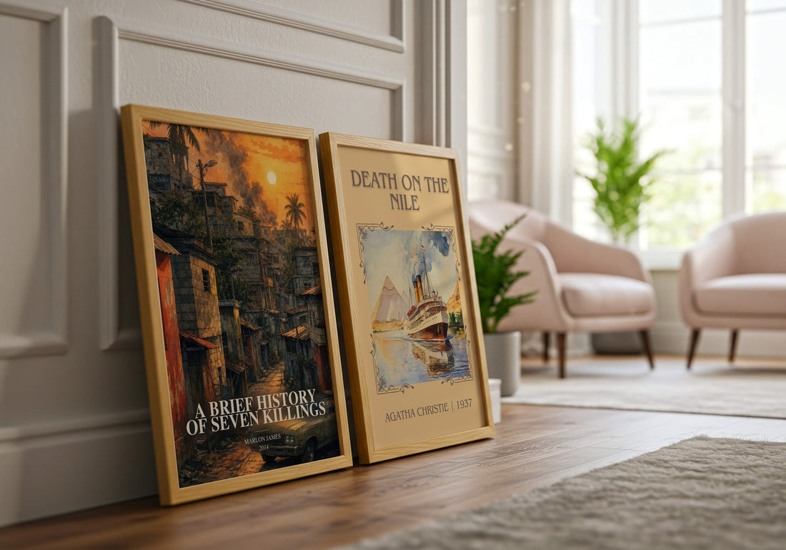 A Brief History of Seven Killings watercolour print framed by window – literary home decor
