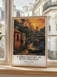 A Brief History of Seven Killings book cover print in frame leaning in hallway – literary fiction wall art
