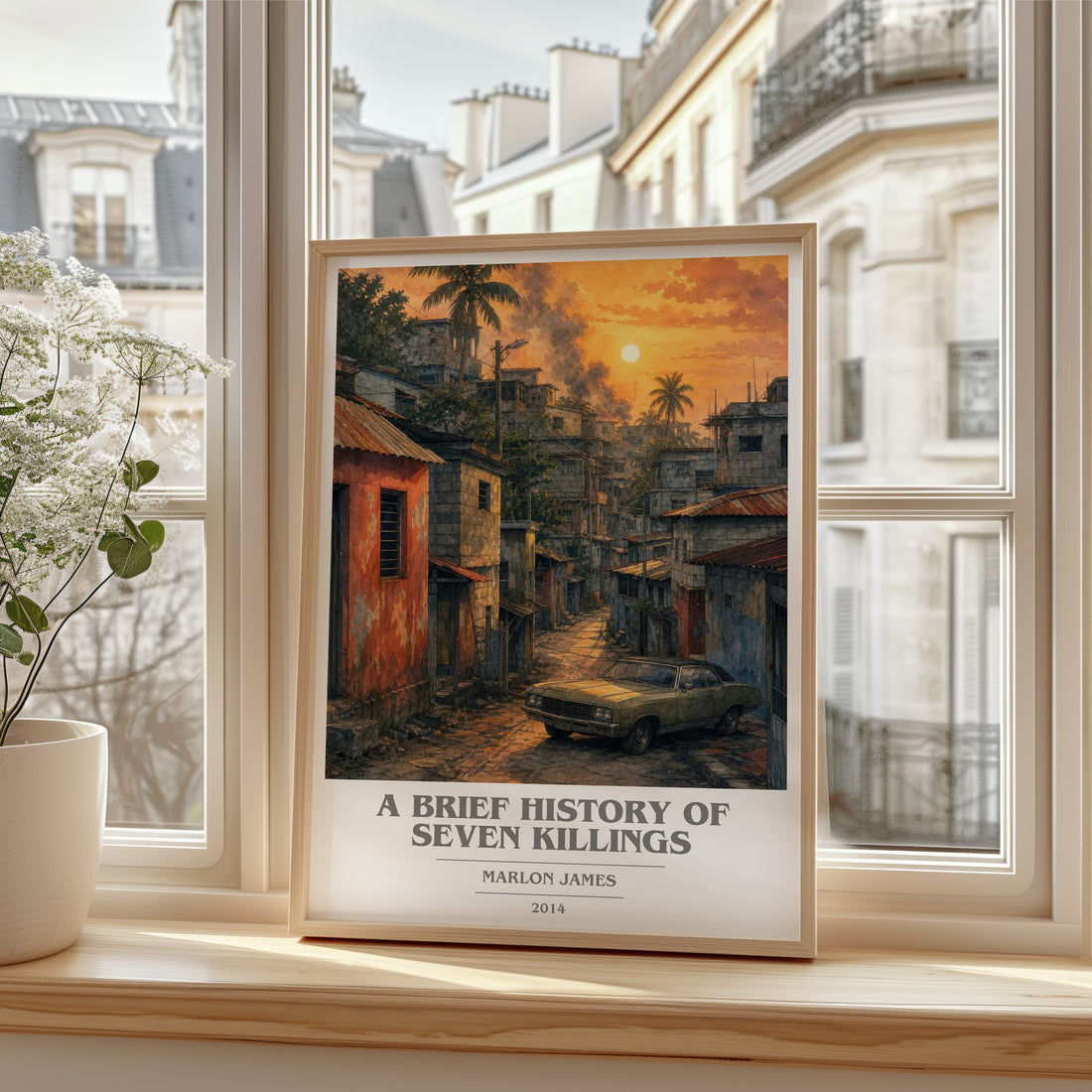 A Brief History of Seven Killings book cover print in frame leaning in hallway – literary fiction wall art