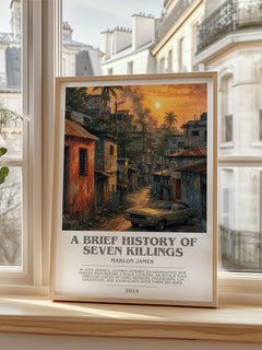 A Brief History of Seven Killings bookish print in frame leaning in hallway – literary fiction wall art