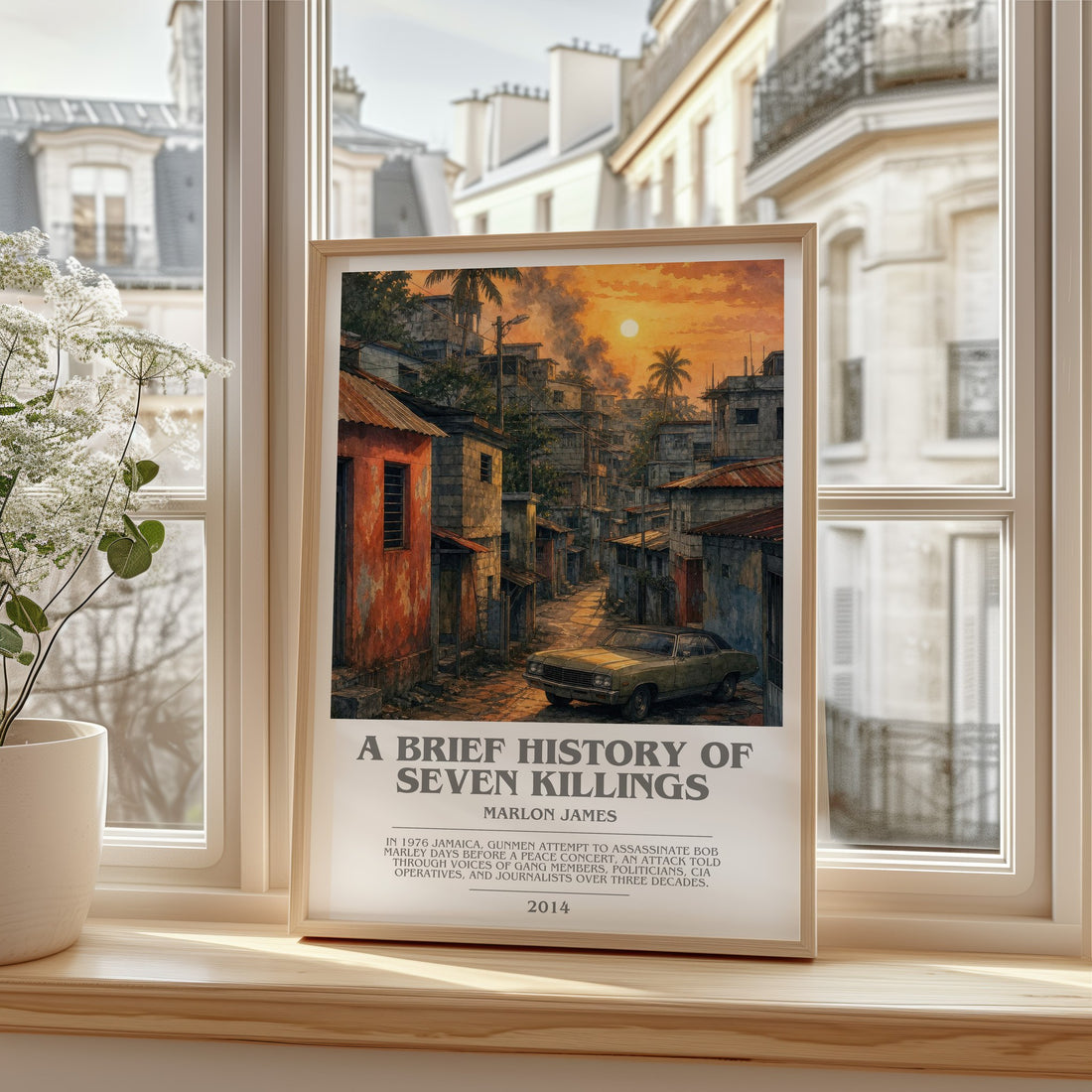A Brief History of Seven Killings bookish print in frame leaning in hallway – literary fiction wall art