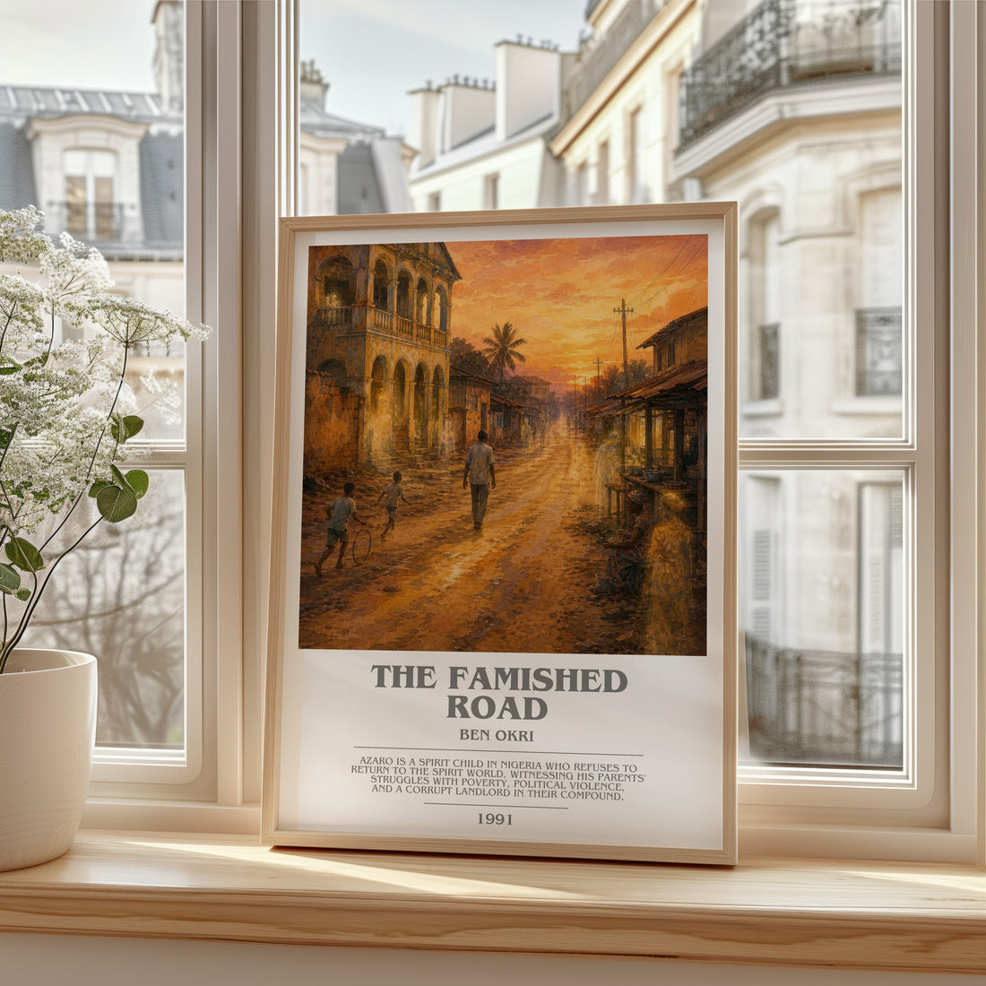 The Famished Road bookish print in frame leaning in hallway – literary fiction wall art