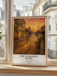 The Famished Road book cover print in frame leaning in hallway – literary fiction wall art