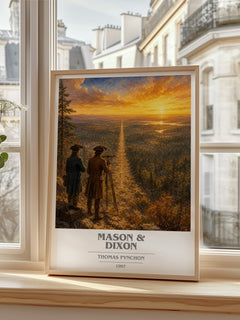 Mason & Dixon book cover print in frame leaning in hallway – literary fiction wall art