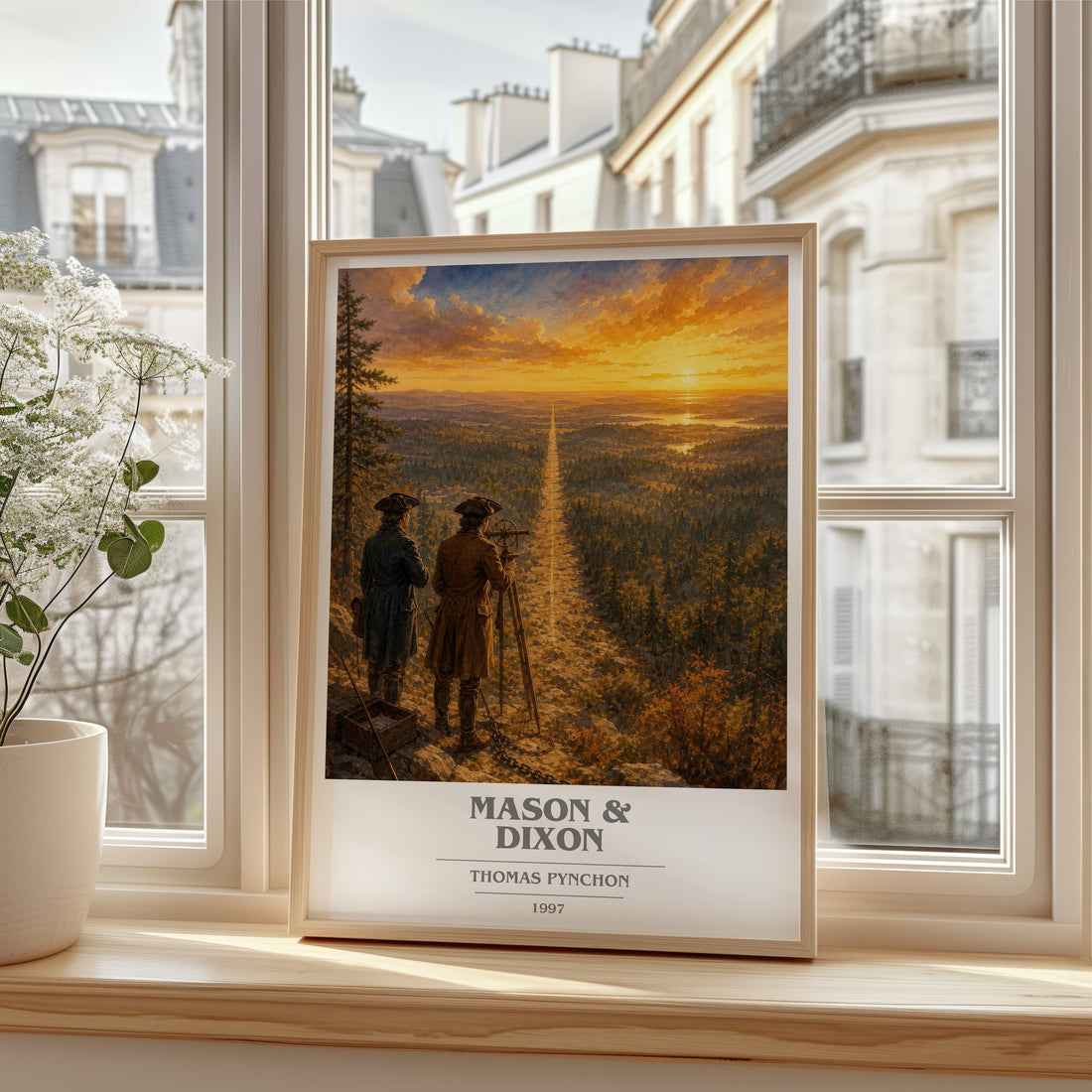 Mason & Dixon book cover print in frame leaning in hallway – literary fiction wall art